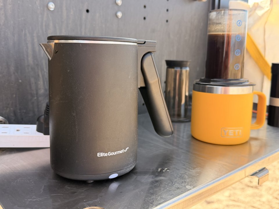 Elite Gourmet electric kettle on the camp kitchen counter